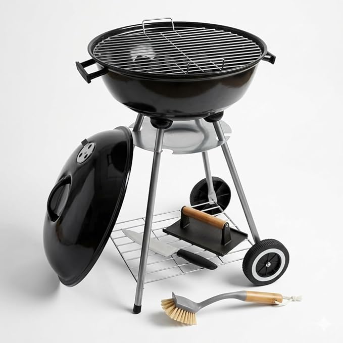 22-Inch Outdoor Charcoal Kettle Grill Set, Black, Porcelain Enamel Finish, Vented Lid with Damper, Freestanding BBQ Grill