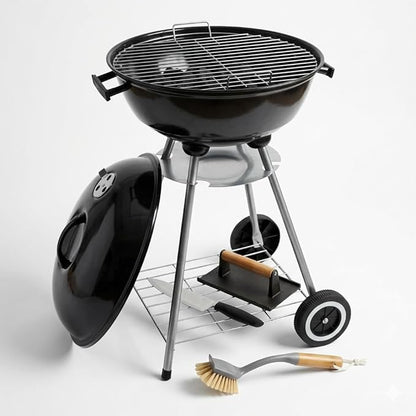 22-Inch Outdoor Charcoal Kettle Grill Set, Black, Porcelain Enamel Finish, Vented Lid with Damper, Freestanding BBQ Grill