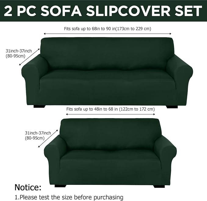 Peryiter 2 Pcs Couch and Loveseat Sofa Covers,Dark Green,Milk Silk | Armchair Covers for Living Room, Sofa Cushion Slipcover 2/3 Seater, Furniture Protector, Polyester and Spandex, Washable
