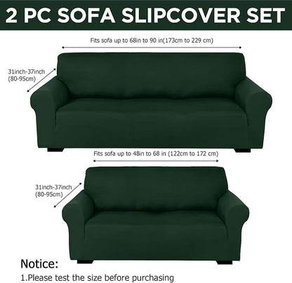 Peryiter 2 Pcs Couch and Loveseat Sofa Covers,Dark Green,Milk Silk | Armchair Covers for Living Room, Sofa Cushion Slipcover 2/3 Seater, Furniture Protector, Polyester and Spandex, Washable