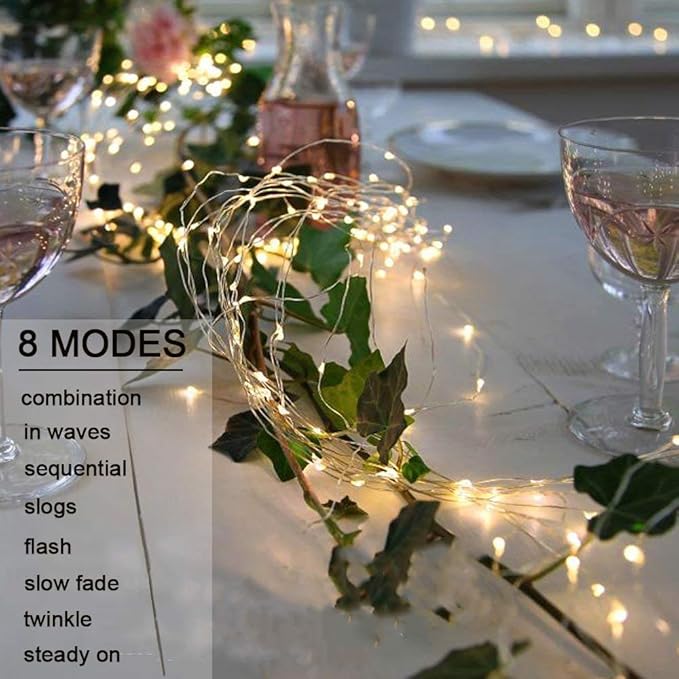 VOOKRY 10 Strands 200 LEDs Hanging Twinkle Fairy Lights Battery Operated with Remote, Waterproof Waterfall Vine String Lights Silver Wire Branch Lights with Timer for Outdoor DIY Watering Can Lights