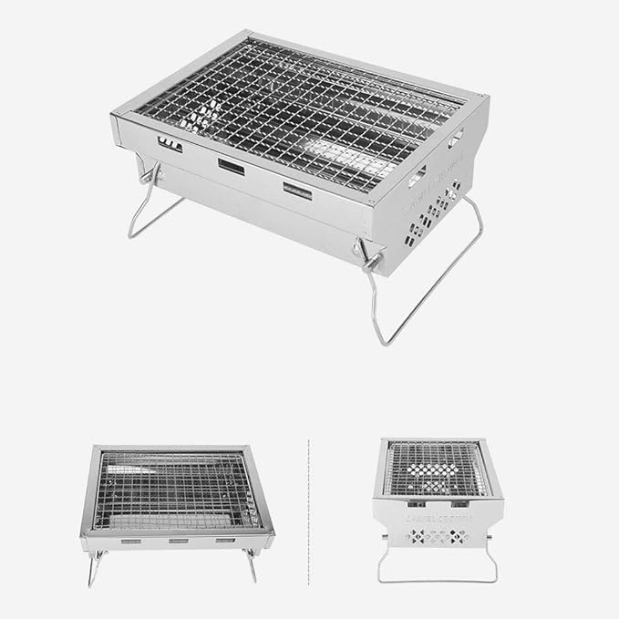 Folded Charcoal BBQ Grill Set Stainless Steel Portable Folding Charcoal Barbecue Grill Barbecue Tool Kits for Outdoor Picnic Patio Backyard Camping Cooking (B)