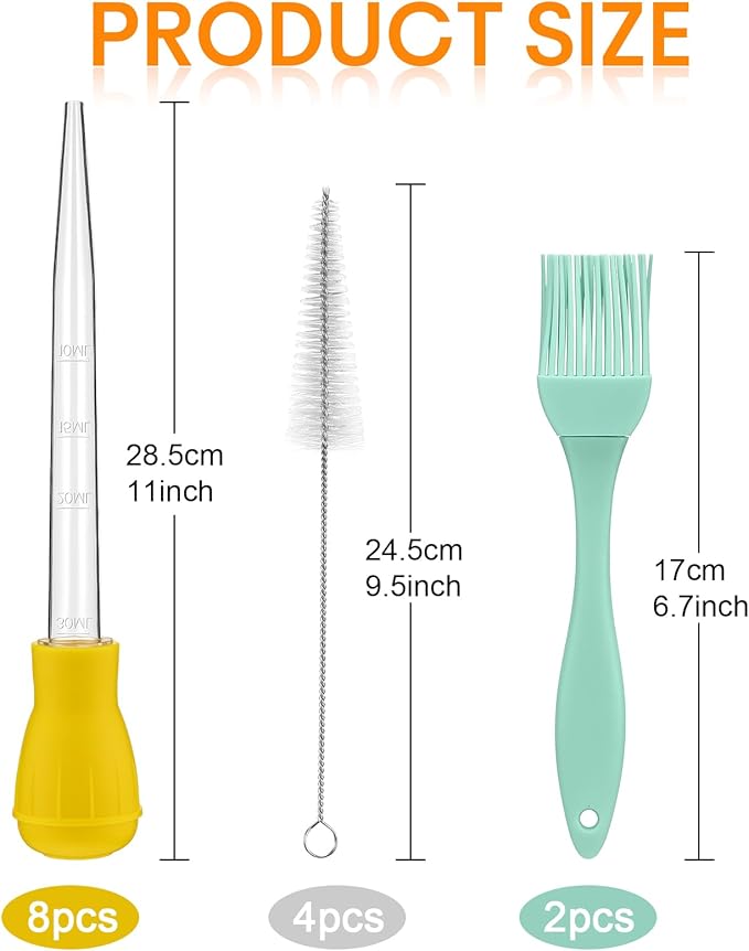 Boao 14 Pcs Heat-resistant Turkey Baster Cooking Set Includes 8 Pcs 11 Inch Large Syringe Turkey Baster, 2 Basting Brush, 4 Cleaning Brush, Meat, Food Injector for Poultry, Beef,Chicken(Vibrant Color)