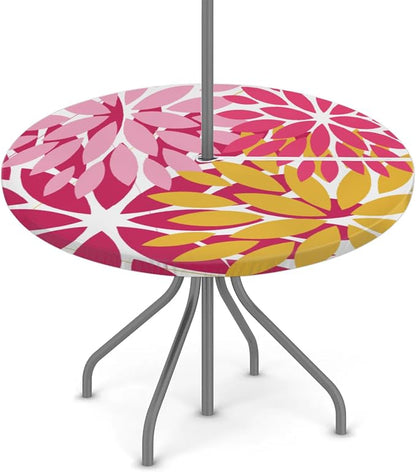 Round Tablecloth with Umbrella Hole and Zipper Elastic Fitted Table Cloth 36"-44" Oil-Proof Waterproof Patio Table Cover for Outdoor Picnic Party, Spring Summer Geometric Elegant Pink Yellow