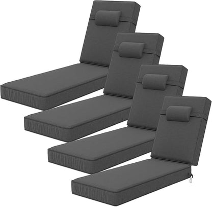72 x 21 x 4 Inch Olefin Chaise Lounge Cushions, Lounge Chair Cushions with Headrest for Outdoor Furniture - Weather and Fade Resistant Patio Replacement Furniture Lounge Chair Cushion Set of 4