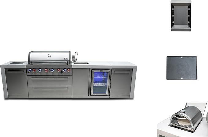 Mont Alpi Premium 132"W Deluxe Stainless Steel Outdoor Kitchen Island with Beverage Center Refrigerator Faucet & Sink + 44"W 6-Burner BBQ Grill + Griddle Plate + Charcoal Tray + Side Burner Pizza Oven