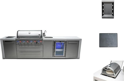 Mont Alpi Premium 132"W Deluxe Stainless Steel Outdoor Kitchen Island with Beverage Center Refrigerator Faucet & Sink + 44"W 6-Burner BBQ Grill + Griddle Plate + Charcoal Tray + Side Burner Pizza Oven