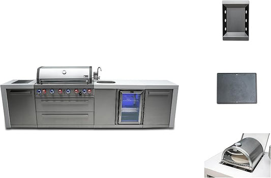 Mont Alpi Premium 132"W Deluxe Stainless Steel Outdoor Kitchen Island with Beverage Center Refrigerator Faucet & Sink + 44"W 6-Burner BBQ Grill + Griddle Plate + Charcoal Tray + Side Burner Pizza Oven
