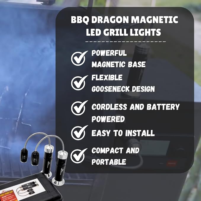 BBQ Dragon Magnetic LED Grill Lights – Heat Resistant Aluminum with Flexible Gooseneck – Adjustable Brightness, Weather Resistant, Portable with Storage Case – Pack of 2