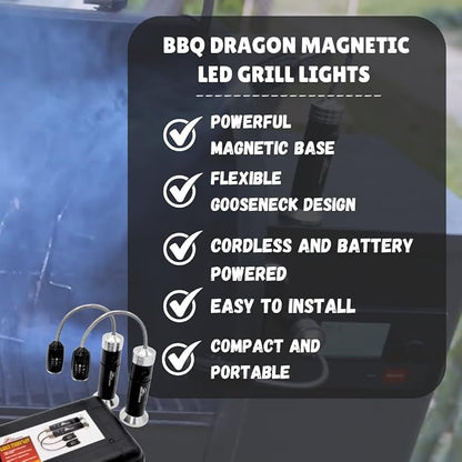 BBQ Dragon Magnetic LED Grill Lights – Heat Resistant Aluminum with Flexible Gooseneck – Adjustable Brightness, Weather Resistant, Portable with Storage Case – Pack of 2