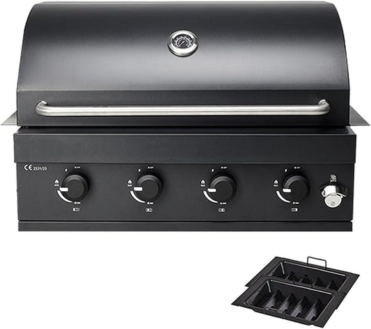 4-Burner Built-In Gas Grill, 30 Inch Super large barbecue area with 48,000 BTUs, Dual Fuel Charcoal & Gas Compatibility,Outdoor Kitchen Temperature Gauge