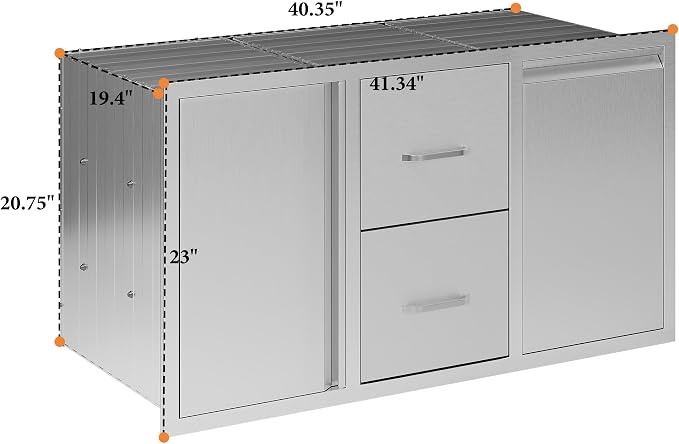 Jocisland 41.5" W×20" D×23" H Stainless Steel Outdoor Kitchen Drawers, Double Drawers with Trash Drawer & Door, 3-Tier Cabinet, Built-in BBQ Island Storage for Outdoor Kitchens