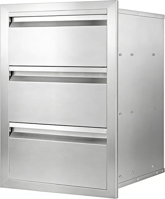 Outdoor Kitchen Drawers 18" x 23" x 23" Stainless Steel Triple Drawer Cabinet, Flush Mount Modular Storage for BBQ Islands & Patios