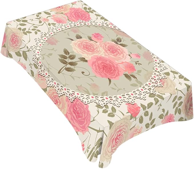 TKS MITLAN Shabby Chic Rose Pattern Tablecloth Decor Lace Frame with A Bouquet of Roses Table Cloth Dining Room Kitchen Table Cover 60" X 84" Oblong/Rectangle