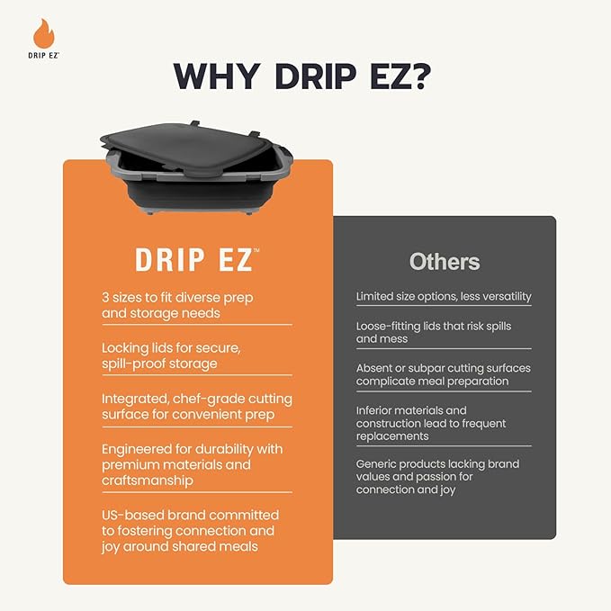 Drip EZ Collapsible BBQ Prep Tub - For Meal Prep Marinating Food Storage - Includes Cutting Board & Locking Lid - (1) XL - Orange