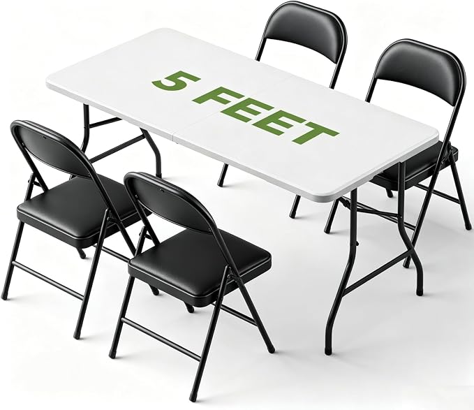 Folding Dining Table Set for 4, 5FT Foldable Plastic Table with Carrying Handle & 4 PU Leather Padded Folding Chairs, Portable Table and Chairs Set for Indoor Outdoor, Party, Wedding, Picnic, Camping