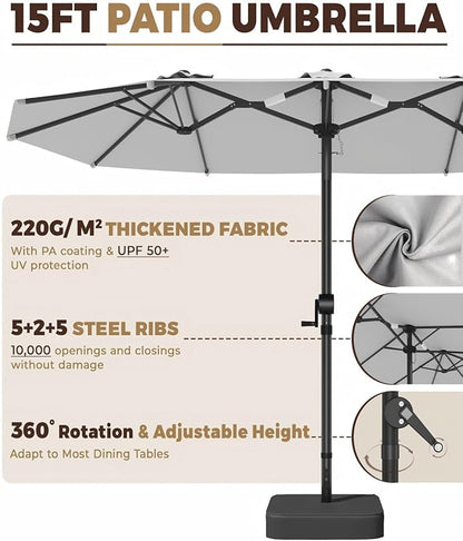 GDPFN 15FT Large Patio Umbrella with Base Included, Outdoor Deck Standing Umbrella with Crank Handle, Double-Side Rectangular Pool Umbrella for Outside, Market, Patio, Light Gray