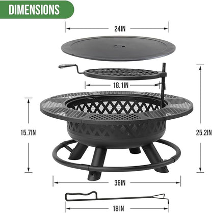 Panovue 36 Inch Fire Pit with Grill,Wood Burning Fire Pits for Outside with Lid& Fire Poker,Round Metal Firepit Table 3 in 1 with Cooking Grate,Outdoor Firepits for Yard Patio Bonfire Camping(Black)