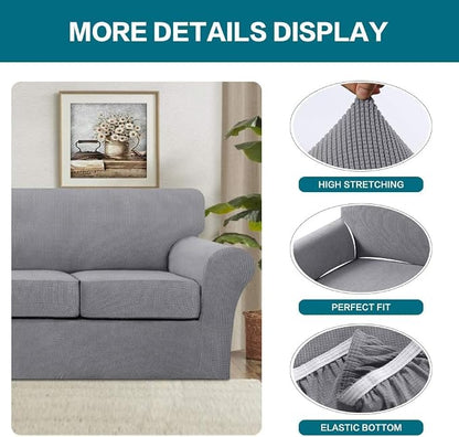 Turquoize 4 Piece Sofa Covers for 3 Cushion Couch Sofa Slipcover Soft Couch Cover for Dogs Washable Furniture Cover with 3 Individual Large Cushion Covers Feature Fabric (Large Sofa, Dove)