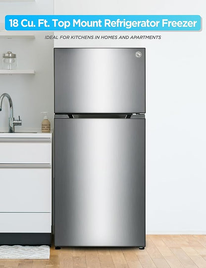 Commercial Cool 18 Cu. Ft. Top Mount Refrigerator with Ice Maker, 2-Door Fridge with Top Freezer, Freezer with Icemaker and Adjustable Temperature Control, Energy Star Certified, Stainless Look | 2-Door Refrigerator with Top Freezer, Freezer with Icema...