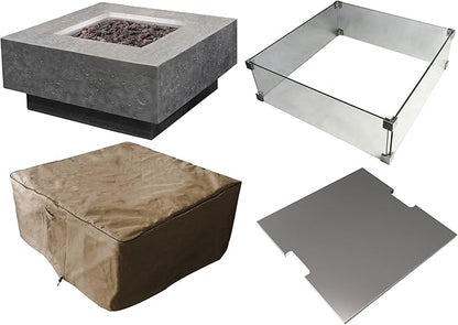 Elementi Manhattan 36" Concrete Outdoor Propane Firepit Table, 22" Square Tempered Glass Firepit Windscreen, & Stainless Steel 21" Square Table Cover