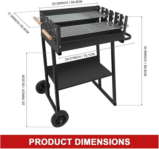 Portable Charcoal Grill, Skewer Charcoal Grill with Wheels and Handle for Picnics Camping and Backyard Cooking
