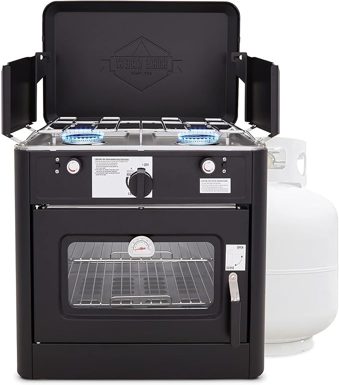 Hike Crew Outdoor Gas Camping Oven w/Carry Bag | CSA Approved Portable Propane-Powered 2-Burner Stove & Auto Ignition, Overheat Safety Shutoff, Built-In Thermometer Hose Regulator Included