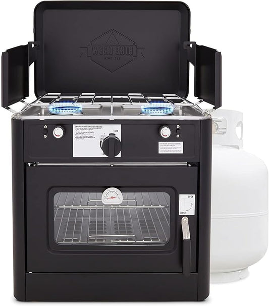 Hike Crew Outdoor Gas Camping Oven w/Carry Bag | CSA Approved Portable Propane-Powered 2-Burner Stove & Auto Ignition, Overheat Safety Shutoff, Built-In Thermometer Hose Regulator Included