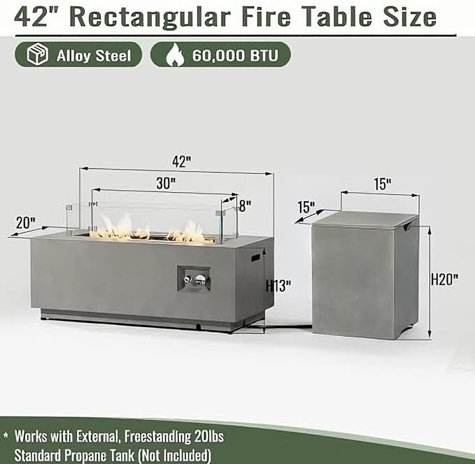 42" Propane Fire Pit Table, 2-Pieces 50,000 BTU Outdoor Gas Firepit with Wind Guard Lid, Rectangular Steel Fire Table for Patio, Backyard, Deck, All-Weather Steel Frame