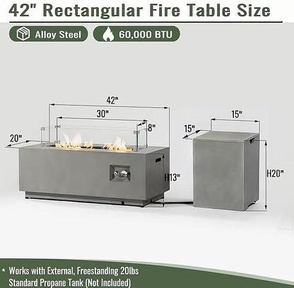 42" Propane Fire Pit Table, 2-Pieces 50,000 BTU Outdoor Gas Firepit with Wind Guard Lid, Rectangular Steel Fire Table for Patio, Backyard, Deck, All-Weather Steel Frame