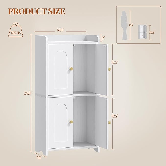 HEXCELEN Small Bathroom Storage Cabinet, Mediterranean, White | 4 Doors, Floor Bathroom Organizer, Freestanding for Small Spaces, Living Room, Kitchen, Entryway