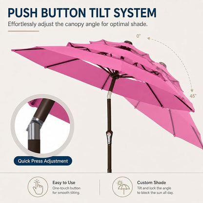10ft Patio Umbrella, 3-Tier Vented Outdoor Table Umbrella with 8 Sturdy Fiberglass Ribs, Windproof Market Umbrella with Push Button Tilt and Crank, UV Protection for Deck, Pool, Rose Pink