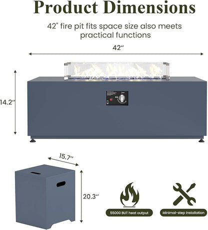 LayinSun 42 Inch Outdoor Fire Pit Table for Outside Patio, 55000BTU Rectangle Propane Firepit with Hidden Fuel Tank, Glass Wind Guard, Waterproof Cover and Lid