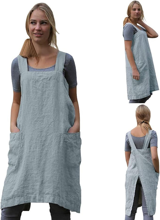 TBA Cotton Linen Apron Cross Back Apron for Women with Big Pockets Square Pinafore Dress for Baking Cooking BBQ & Grill