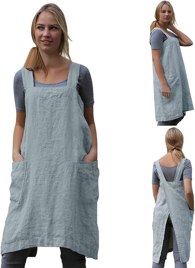 TBA Cotton Linen Apron Cross Back Apron for Women with Big Pockets Square Pinafore Dress for Baking Cooking BBQ & Grill