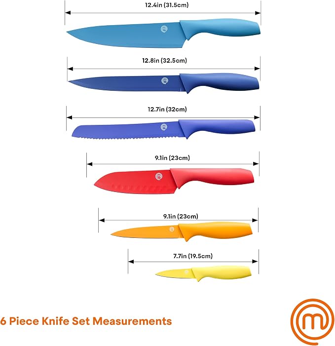 MasterChef Kitchen Knives Set with Covers incl. Paring, Boning, Carving, Bread, Santoku & Chef Knife, Sharp Cutting Stainless Steel Blades with Sheaths, 12 Piece (6 Colored Knives & 6 Covers)
