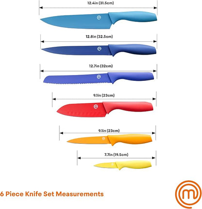MasterChef Kitchen Knives Set with Covers incl. Paring, Boning, Carving, Bread, Santoku & Chef Knife, Sharp Cutting Stainless Steel Blades with Sheaths, 12 Piece (6 Colored Knives & 6 Covers)