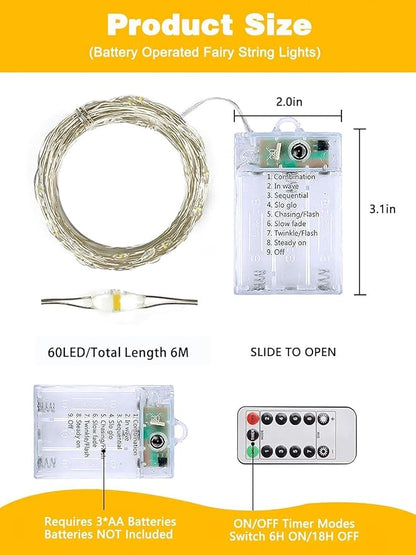 6 Pack 60 LED Fairy Lights Battery Operated with Remote, 20 FT Warm White | Cuttable, 8 Modes, Memory, Dimmable, Waterproof Battery String Lights with Timer for Indoor Outdoor, Christmas Decorations
