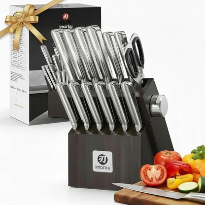 imarku 14-Piece Knife Set with Block, Glides Through Meat, Fish, Veggies & Bread, High Carbon Stainless Steel, Built-in Sharpener, Ergonomic Non-Slip Handle, Essential Gift for Home Cooks