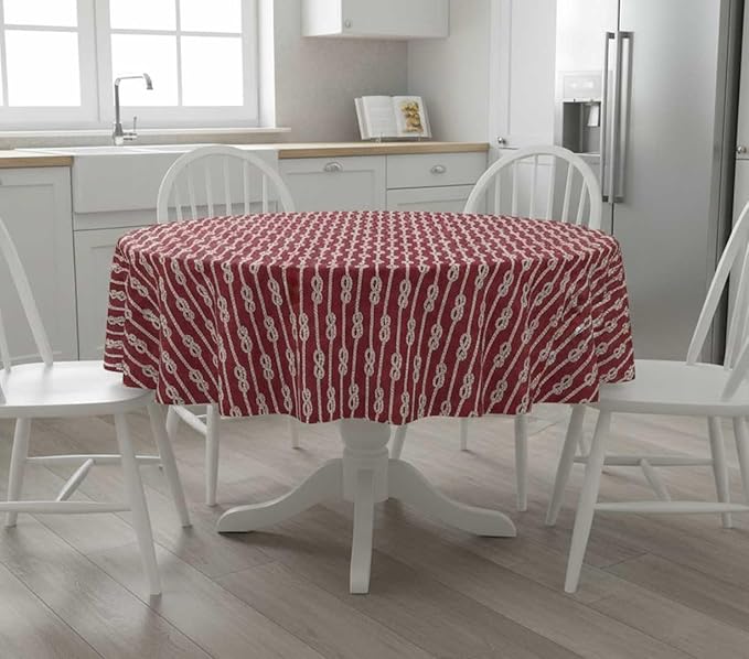 Newbridge Round Vinyl Tablecloth with Flannel Backing, Red Nautical Rope Stripe, 70 Inch, Coastal Striped Indoor Outdoor Wipe Clean Picnic, BBQ and Dining Table Cover