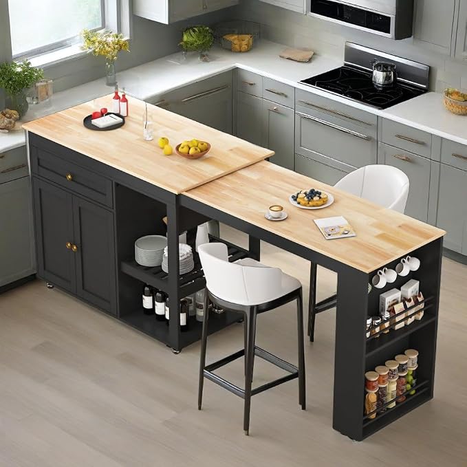 81.5" Kitchen Island with Extendable Dining Table, Rolling Kitchen Cart on Wheels with Spice Rack, Drawer and Door Cabinet for Dining Room, Black