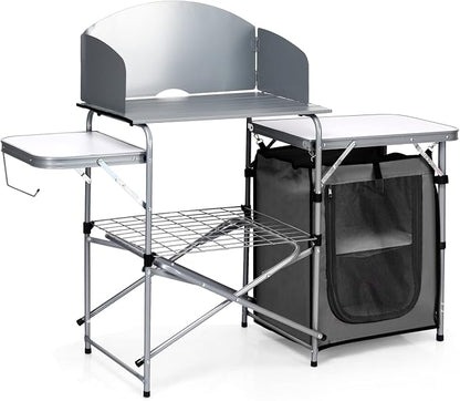 Giantex Folding Grill Table with 26'' Tabletop and Detachable Windscreen, Aluminum Portable Camp Cook Station Carry Bag Quick Set-up, BBQ Camping Picnic Backyard Outdoor Camping Kitchen Table (Grey)