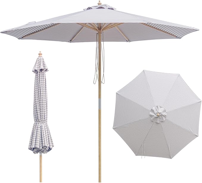 9FT/10FT Wood Patio Umbrella, Large Outdoor Table Pool Umbrella | 205G Olefin/180G Polyester Fabric, Push-Pull Operation Market Umbrella, 8 Rib Vented Canopy, Ideal for Patio, Backyard