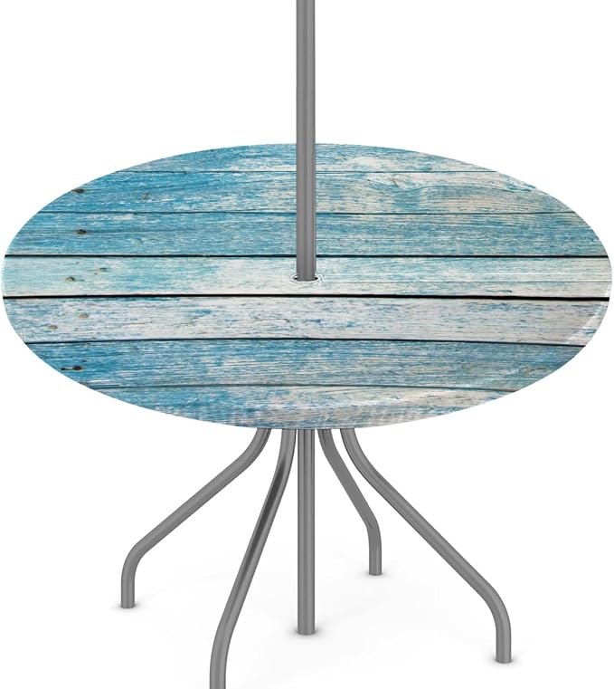 Outdoor Round Tablecloth with Umbrella Hole, Blue Wooden Fitted Table Cloth with Elastic 45"-56" Waterproof Oil-Proof Circle Patio Table Cover for Picnic Camping Party