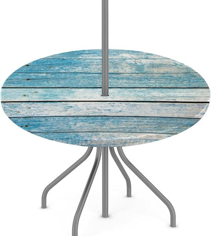 Outdoor Round Tablecloth with Umbrella Hole, Blue Wooden Fitted Table Cloth with Elastic 45"-56" Waterproof Oil-Proof Circle Patio Table Cover for Picnic Camping Party