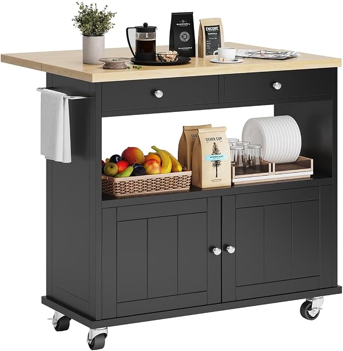 Rolling Kitchen Island with Folding Drop Leaf Breakfast Bar, 35.4'' W Kitchen Cart with Storage Cabinet and 2 Drawers, Portable Mobile Kitchen Island Table with Towel Rack, Lockable Wheels, Black