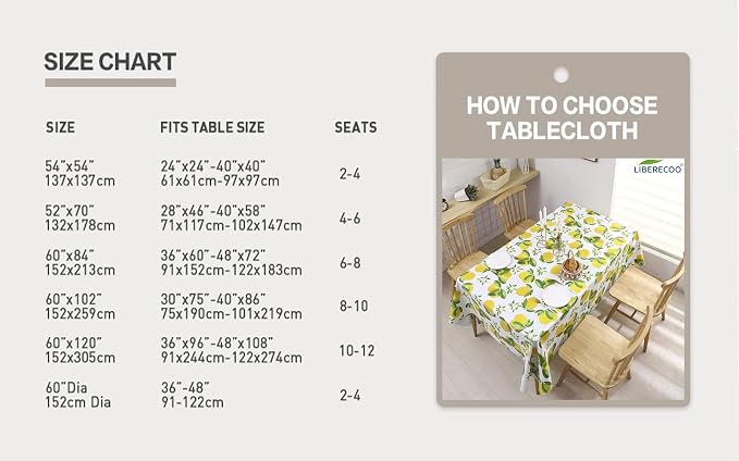 LIBERECOO 60" Square Vinyl Tablecloth with Flannel Backing, Stain-Resistant Tablecloths Waterproof Oil-Proof Wipeable Table Cover for Indoor/Outdoor Picnic, BBQ
