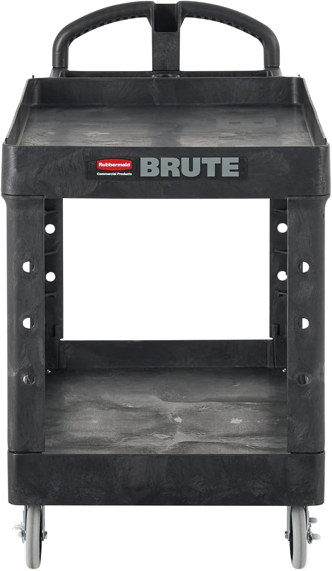 Rubbermaid Commercial Products 2-Shelf Utility/Service Cart, Medium, Black, Lipped Shelves, Ergonomic Handle, 500 Lbs Capacity, forfor Warehouse/Garage/Cleaning/Manufacturing