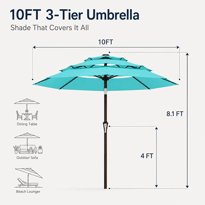 10ft Patio Umbrella, 3-Tier Vented Outdoor Table Umbrella with 8 Sturdy Fiberglass Ribs, Windproof Market Umbrella with Push Button Tilt and Crank, UV Protection for Deck, Pool, Aqua Blue