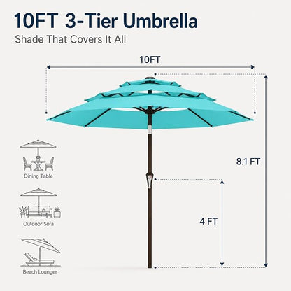 10ft Patio Umbrella, 3-Tier Vented Outdoor Table Umbrella with 8 Sturdy Fiberglass Ribs, Windproof Market Umbrella with Push Button Tilt and Crank, UV Protection for Deck, Pool, Aqua Blue